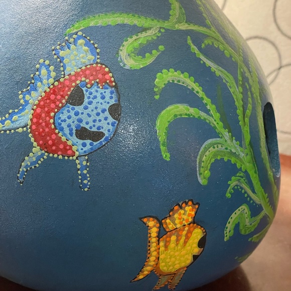 Hand crafted painted blue FISH  bird house blue dry gourd multicolored dotted - Picture 9 of 14
